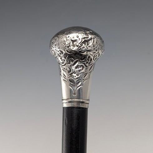 1916 English Antique Black Shaft Sterling Silver Rondel Handle Walking Stick 90cm
