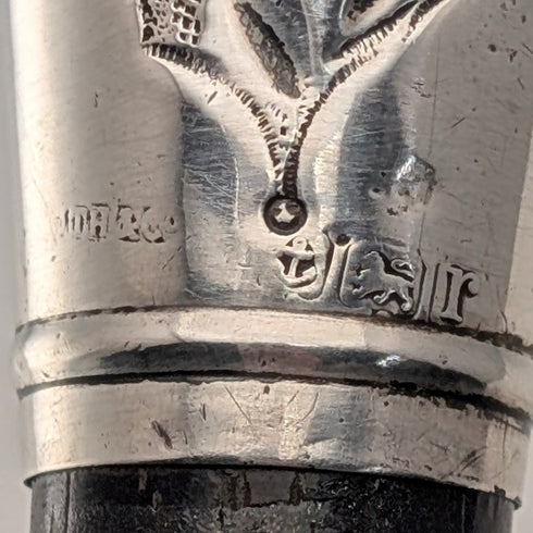 1916 English Antique Black Shaft Sterling Silver Rondel Handle Walking Stick 90cm