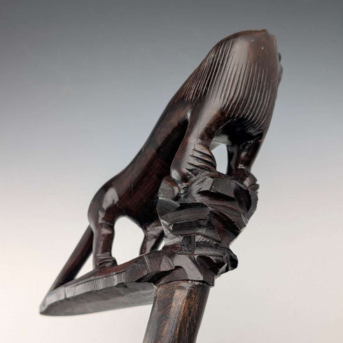 Vintage Extra-Thick Ebonized Shaft Lion Carved Handle Walking Stick 130cm