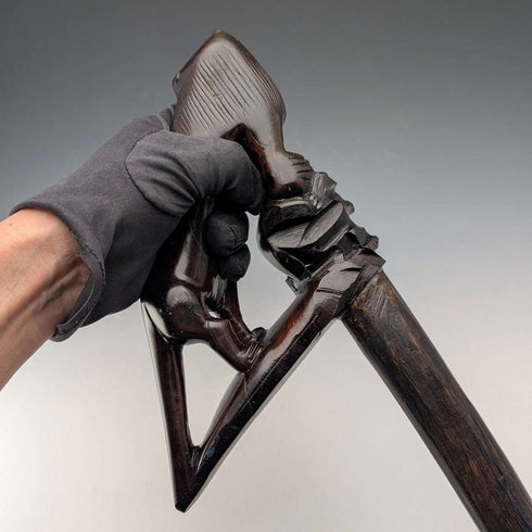 Vintage Extra-Thick Ebonized Shaft Lion Carved Handle Walking Stick 130cm