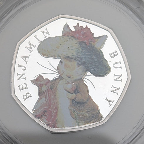 UK Beatrix Potter 150th Anniversary "Benjamin Bunny" 50 Pence Commemorative Silver Coin Royal Mint, with Case and Certificate of Authenticity
