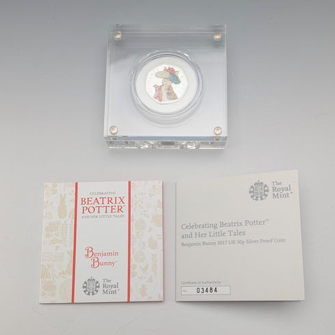 UK Beatrix Potter 150th Anniversary "Benjamin Bunny" 50 Pence Commemorative Silver Coin Royal Mint, with Case and Certificate of Authenticity