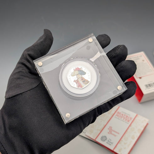 UK Beatrix Potter 150th Anniversary "Benjamin Bunny" 50 Pence Commemorative Silver Coin Royal Mint, with Case and Certificate of Authenticity