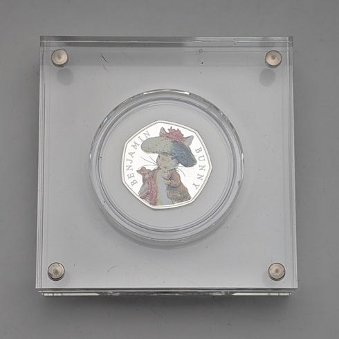 UK Beatrix Potter 150th Anniversary "Benjamin Bunny" 50 Pence Commemorative Silver Coin Royal Mint, with Case and Certificate of Authenticity