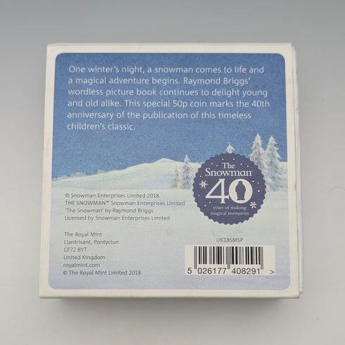 UK "Snowman" 40th Anniversary 50 Pence Silver Proof Coin, Royal Mint, with Case and Certificate of Authenticity