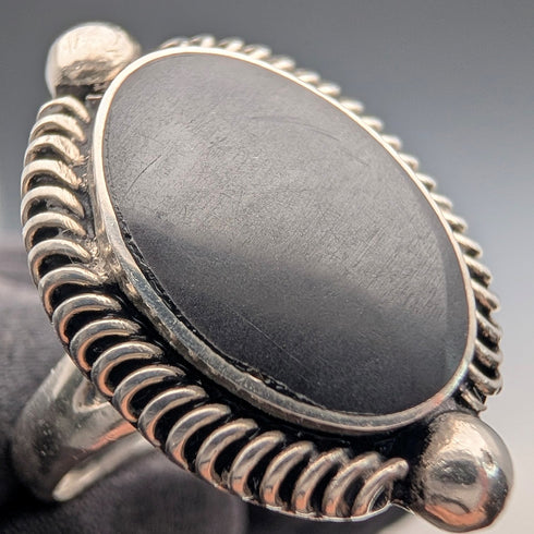 復古縞瑪瑙橢圓邊框純銀戒指(19號)