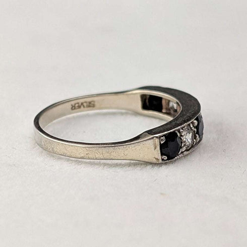 UK Vintage Blue & Clear Milgrain Eternity Ring Sterling Silver Ring (US Size 7.5)
