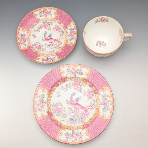 English Vintage Minton Pink Cockatrice Teacup Trio