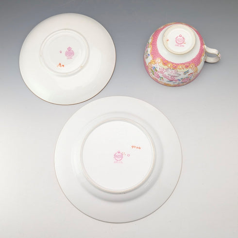 English Vintage Minton Pink Cockatrice Teacup Trio