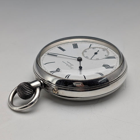 1887 Antique British J.W. Benson Pocket Watch Sterling Silver Open Face Good Working Order