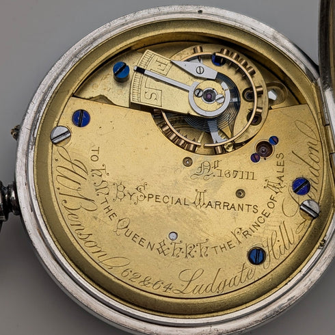1887 Antique British J.W. Benson Pocket Watch Sterling Silver Open Face Good Working Order