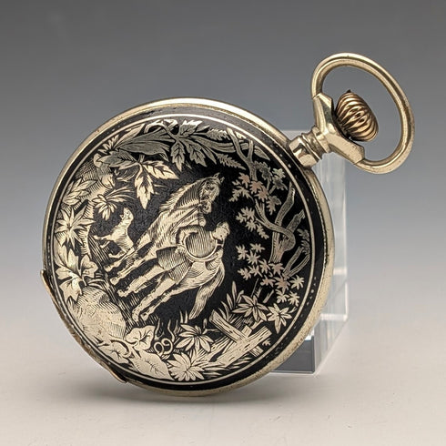 Late 19th Century Antique Unsigned Pocket Watch, Nickel Alloy Niello Decoration, Hunter Case, Working Order