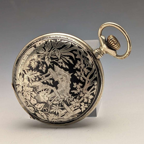 Late 19th Century Antique Unsigned Pocket Watch, Nickel Alloy Niello Decoration, Hunter Case, Working Order