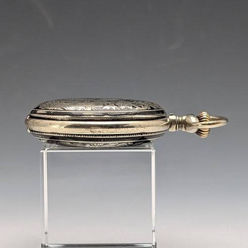 Late 19th Century Antique Unsigned Pocket Watch, Nickel Alloy Niello Decoration, Hunter Case, Working Order