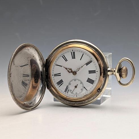 Late 19th Century Antique Unsigned Pocket Watch, Nickel Alloy Niello Decoration, Hunter Case, Working Order