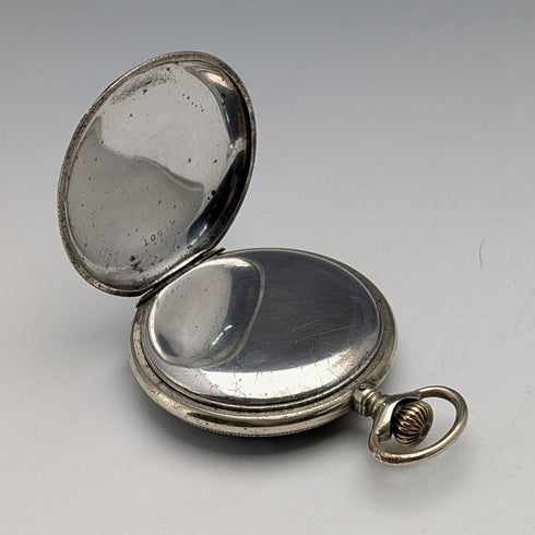 Late 19th Century Antique Unsigned Pocket Watch, Nickel Alloy Niello Decoration, Hunter Case, Working Order