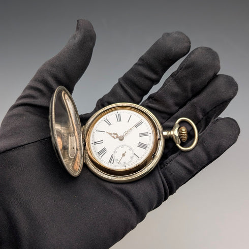 Late 19th Century Antique Unsigned Pocket Watch, Nickel Alloy Niello Decoration, Hunter Case, Working Order