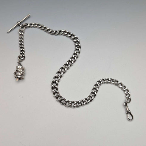 Circa 1900 English Antique Sterling Silver Albert Chain 62g Mr. Punch Charm Fob