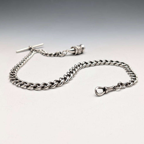Circa 1900 English Antique Sterling Silver Albert Chain 62g Mr. Punch Charm Fob