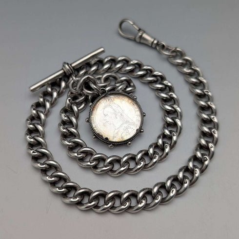 1911 British Antique Sterling Silver Albert Chain 59g with Sixpence Coin Fob
