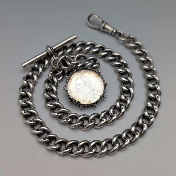 1911年 英國古董 純銀懷錶鍊 59克 6便士硬幣飾品