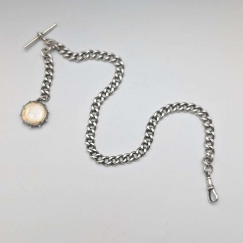 1911 British Antique Sterling Silver Albert Chain 59g with Sixpence Coin Fob