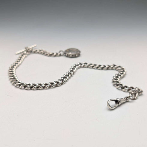 1911 British Antique Sterling Silver Albert Chain 59g with Sixpence Coin Fob
