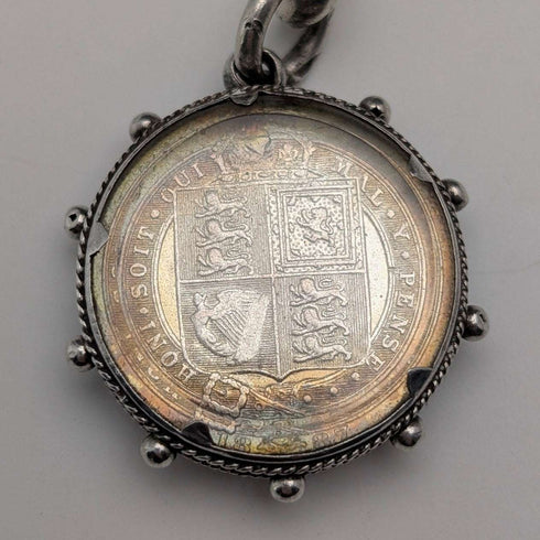 1911 British Antique Sterling Silver Albert Chain 59g with Sixpence Coin Fob