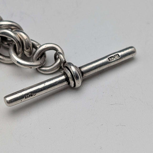 1911 British Antique Sterling Silver Albert Chain 59g with Sixpence Coin Fob