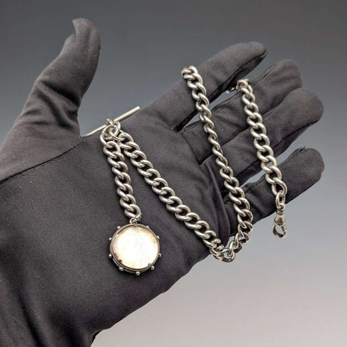 1911 British Antique Sterling Silver Albert Chain 59g with Sixpence Coin Fob