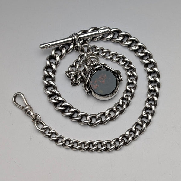 1896年 英國古董 純銀懷錶鍊 49克 純銀雙色旋轉飾墜