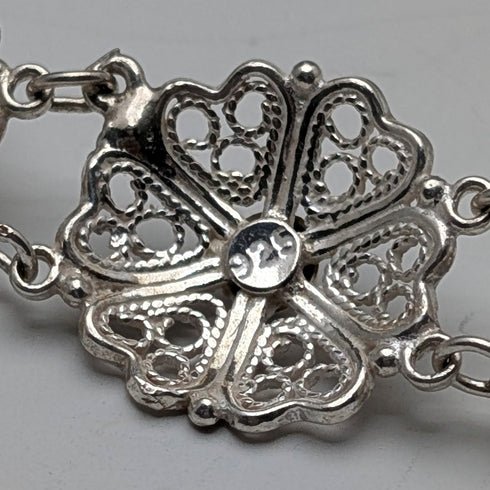 Vintage Sterling Silver Filigree Heart and Flower Design Bracelet