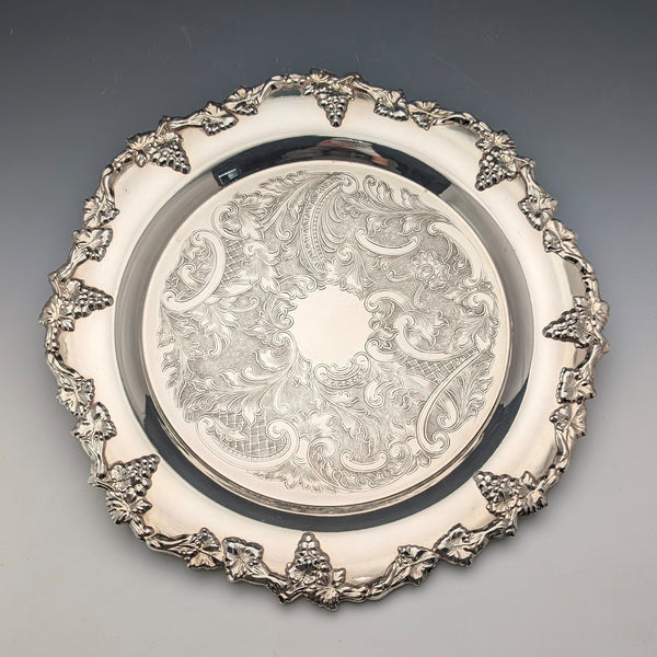 英国ヴィンテージ シルバープレート製 脚付きサルヴァ 直径30cm