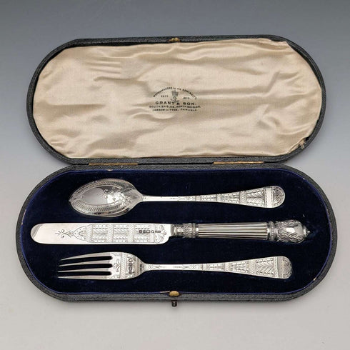 1874年頃 英国アンティーク 純銀製 クリスニングカトラリーセット 計89g Walker&Hall ケース入