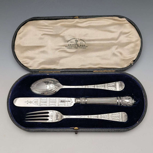 1874年頃 英国アンティーク 純銀製 クリスニングカトラリーセット 計89g Walker&Hall ケース入