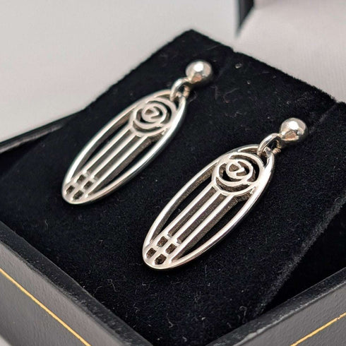 English Vintage Sterling Silver Mackintosh Rose Stud Earrings with Case