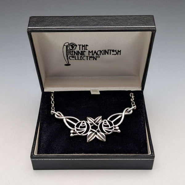 British Vintage Sterling Silver Mackintosh Rose Drop Necklace with Case