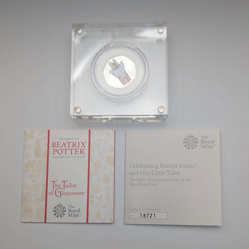 英国 ビアトリクス・ポター 生誕150年記念 「グロスターの仕立て屋」50ペンス記念銀貨 RoyalMint ケース・説明書付