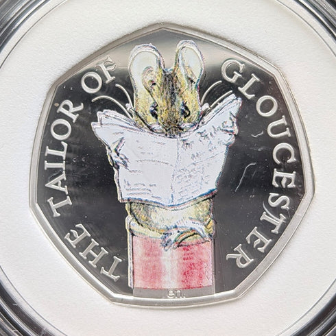 英国 ビアトリクス・ポター 生誕150年記念 「グロスターの仕立て屋」50ペンス記念銀貨 RoyalMint ケース・説明書付