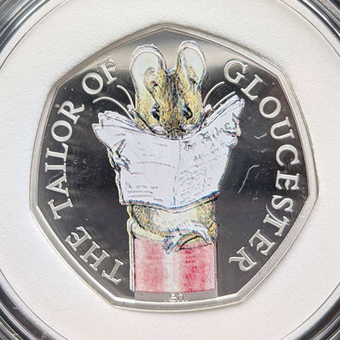 英国 ビアトリクス・ポター 生誕150年記念 「グロスターの仕立て屋」50ペンス記念銀貨 RoyalMint ケース・説明書付