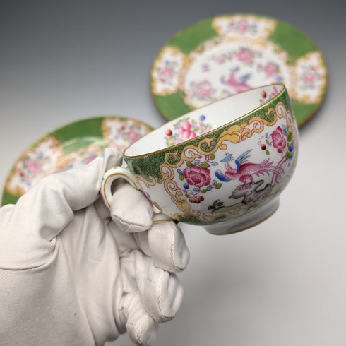 English Vintage Minton Green Cockatrice Tea Cup Trio