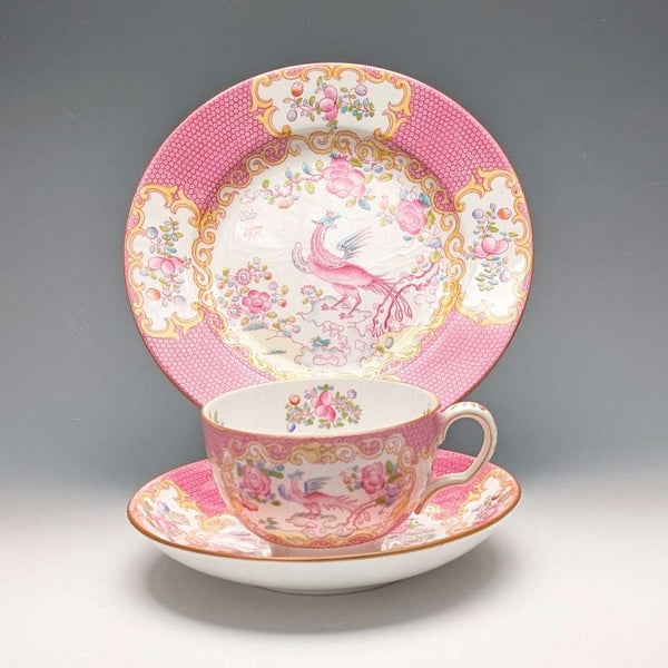 English Vintage Minton Pink Cockatrice Teacup Trio