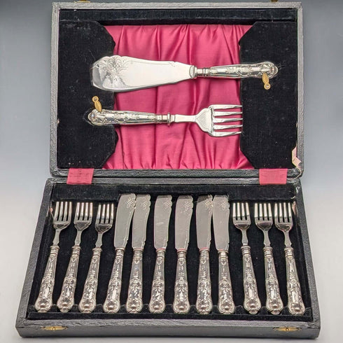1927年 英國古董純銀刀柄餐具,用於魚類料理與分餐套組 Kirby Beard Ltd