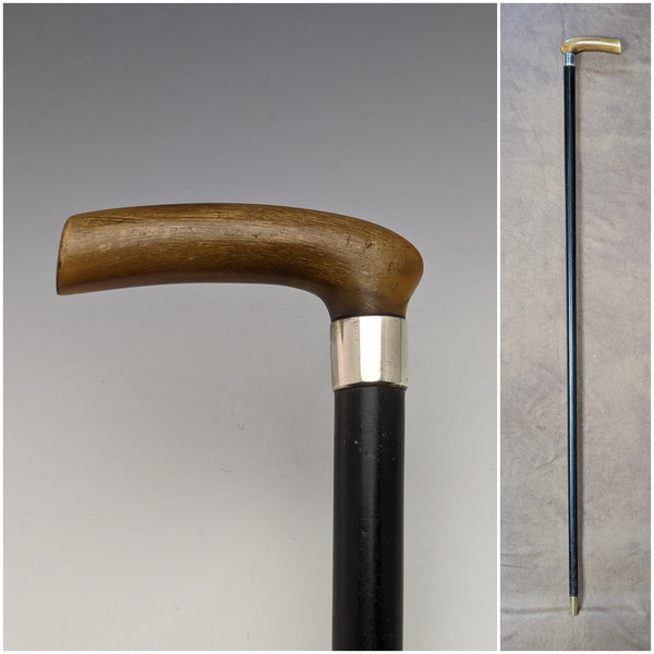 1901 British Antique Cane Sterling Silver Decoration Horn L-Handle 81cm