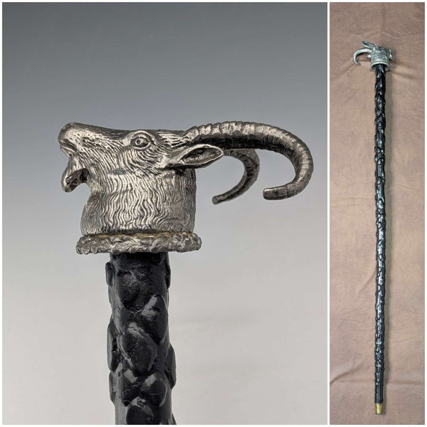 British vintage black shaft pewter goat head handle walking stick 85cm