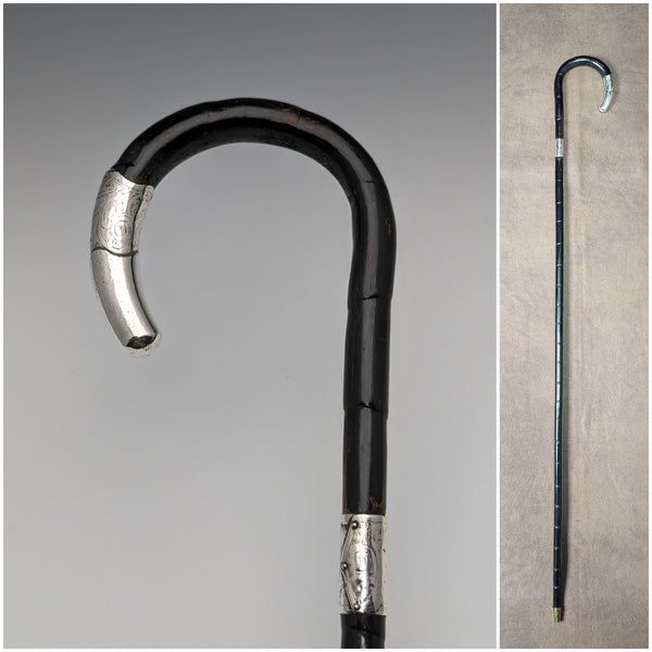 Circa 1910 British Antique Ladies Cane, Curved Handle, Sterling Silver Decoration, 83cm
