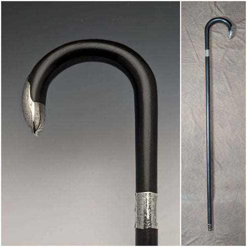 1923 British antique gentleman's cane black shaft pure silver decorative handle 93cm