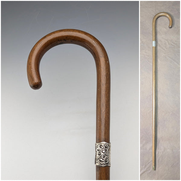 1918 British antique gentleman's walking stick, 91cm, embossed pure silver decoration, curved handle