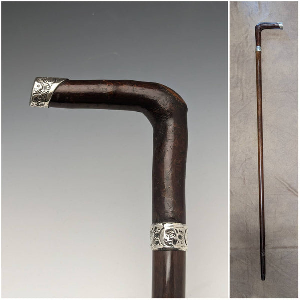 1895 British antique gentleman's cane, pure silver decorative L-shaped handle, 91cm