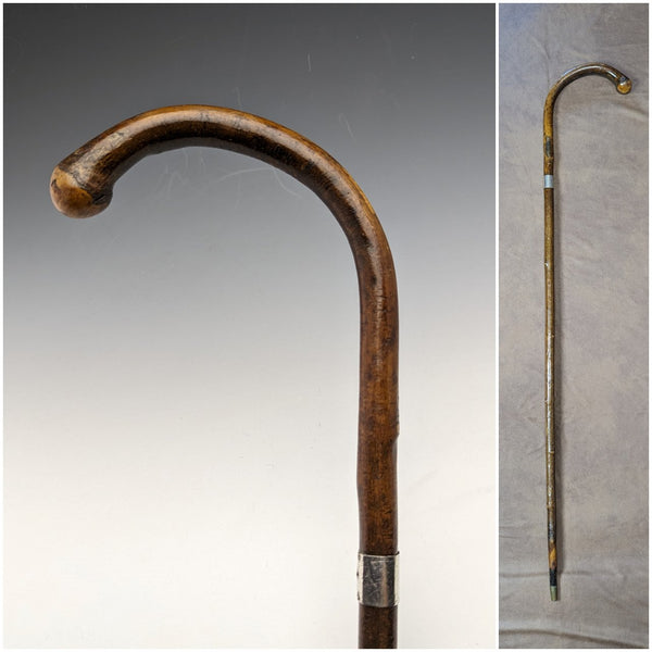 1919 British Antique Men's Cane Sterling Silver Decoration Bent Handle 88cm